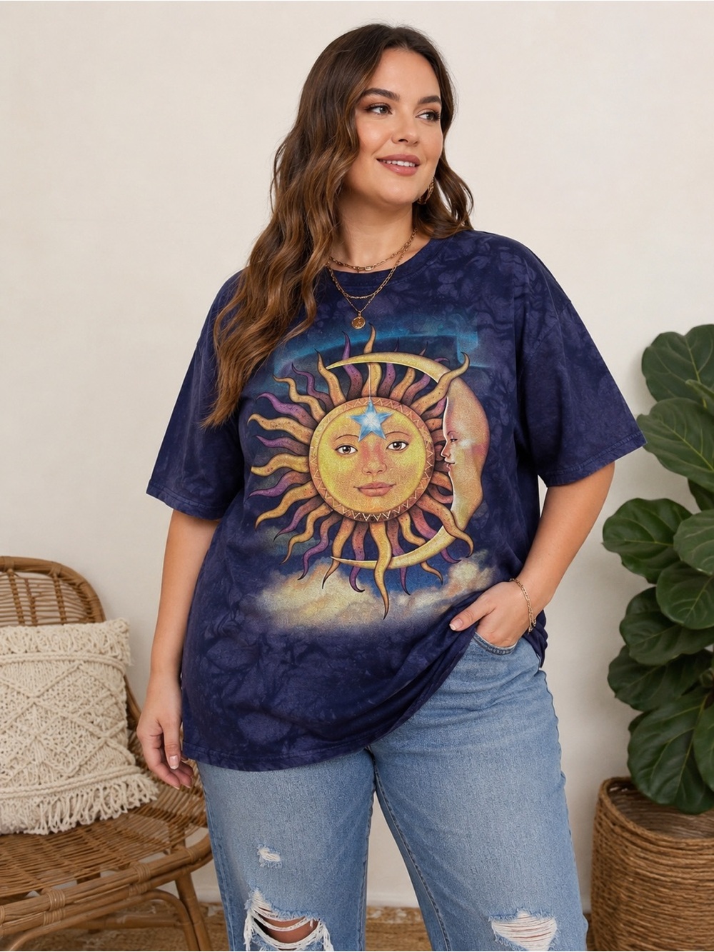 The Mountain Sun Moon Celestial Tie Dye Graphic T-Shirt Blue 2XL Whimsygoth Boho